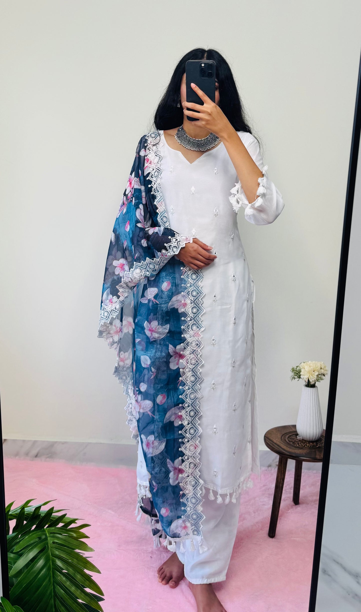 kurti set with minimal stone work and blue dupatta: