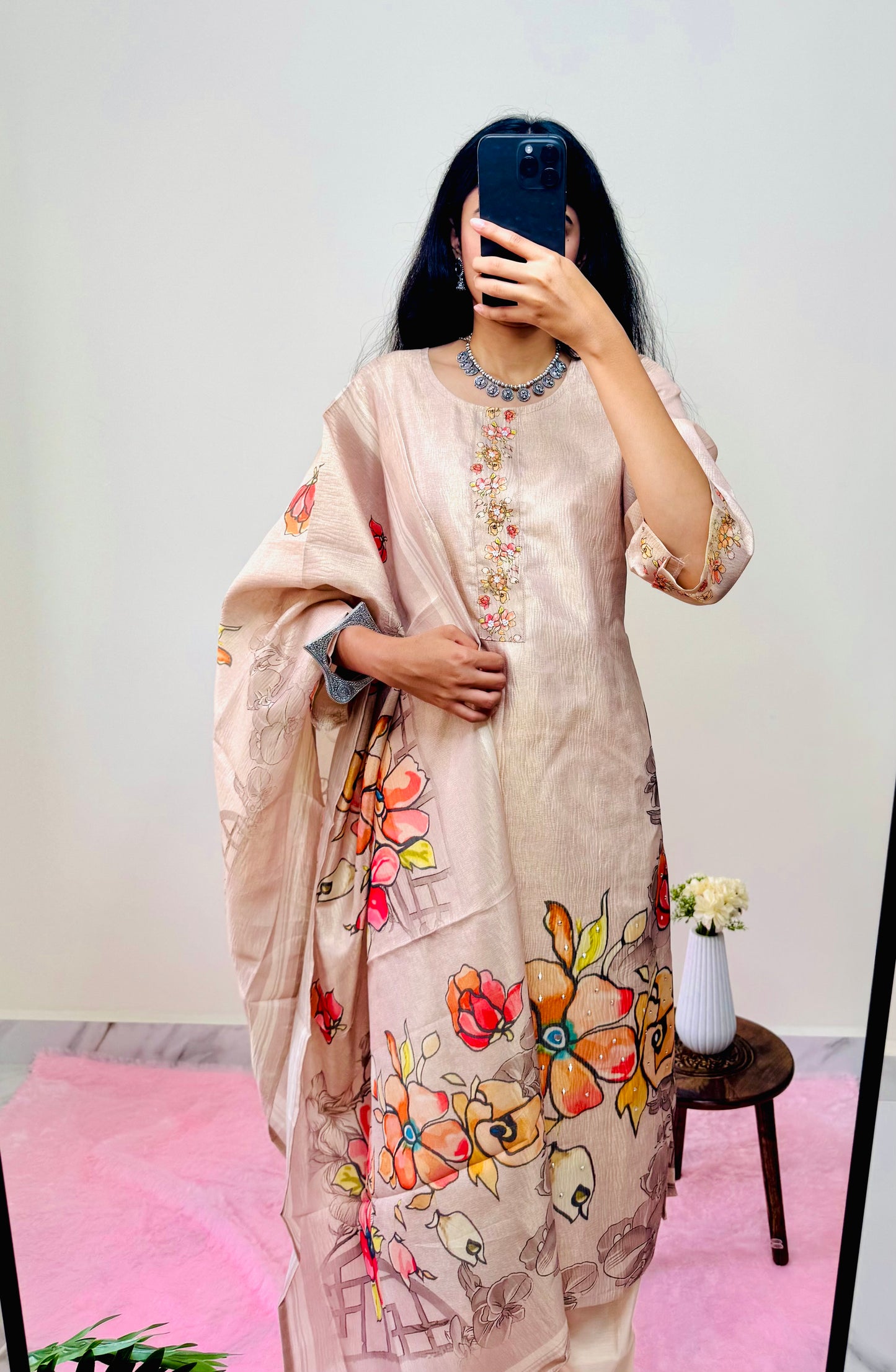 Sandal Kurta Set with Minimal Floral Neck & Printed Dupatta