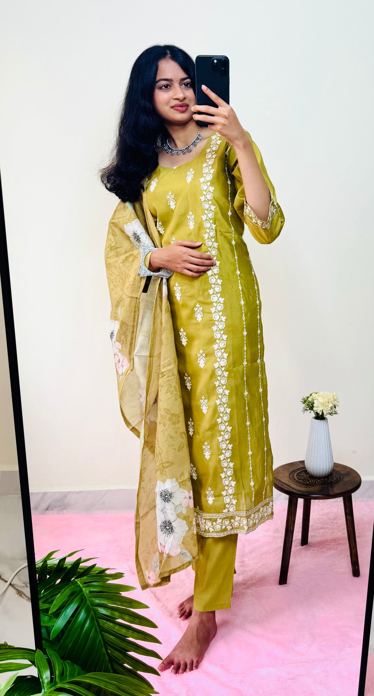 Green Thread Work Kurti Set with Pant & Dupatta