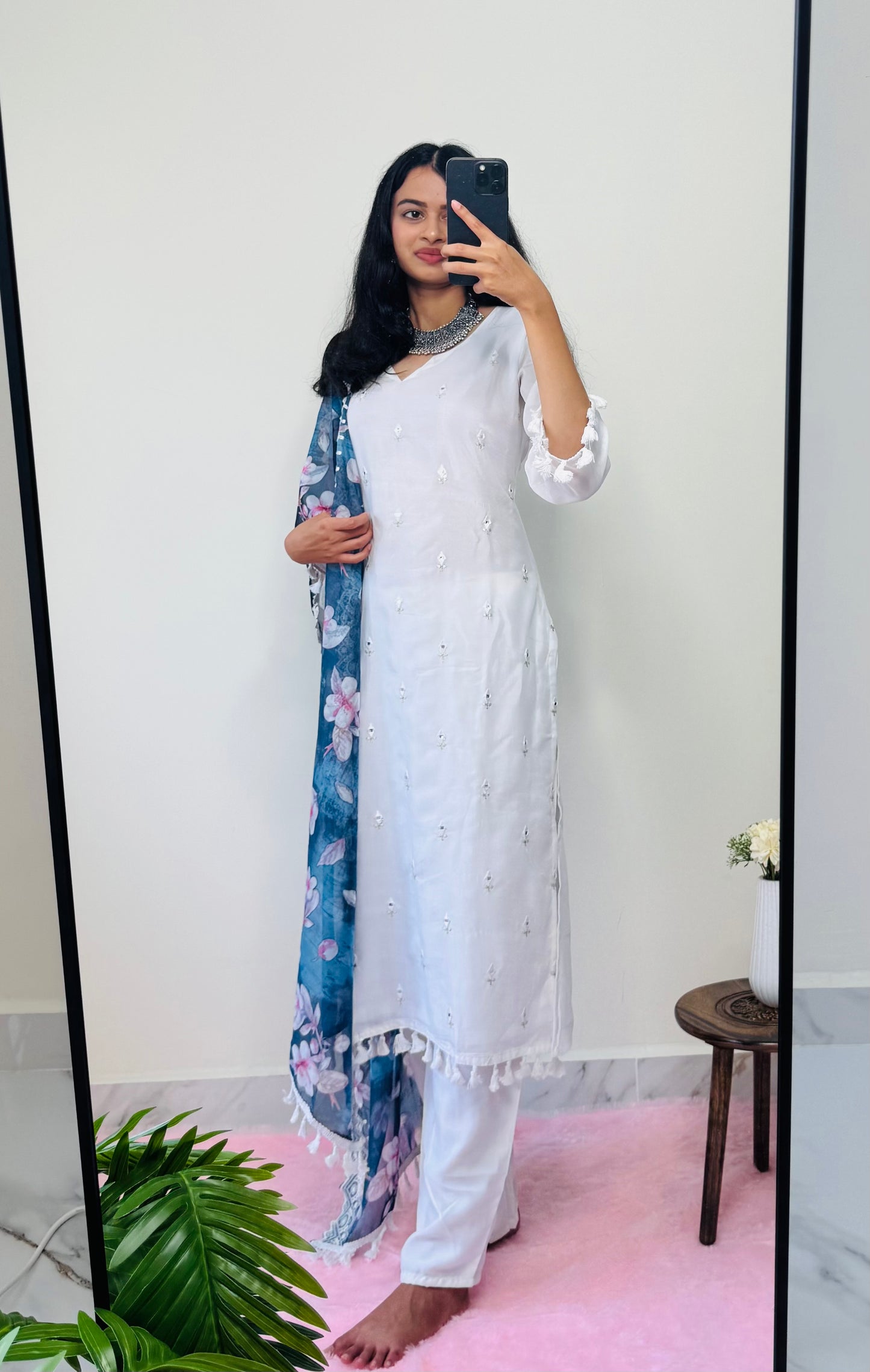 kurta set with minimal stone work and blue dupatta