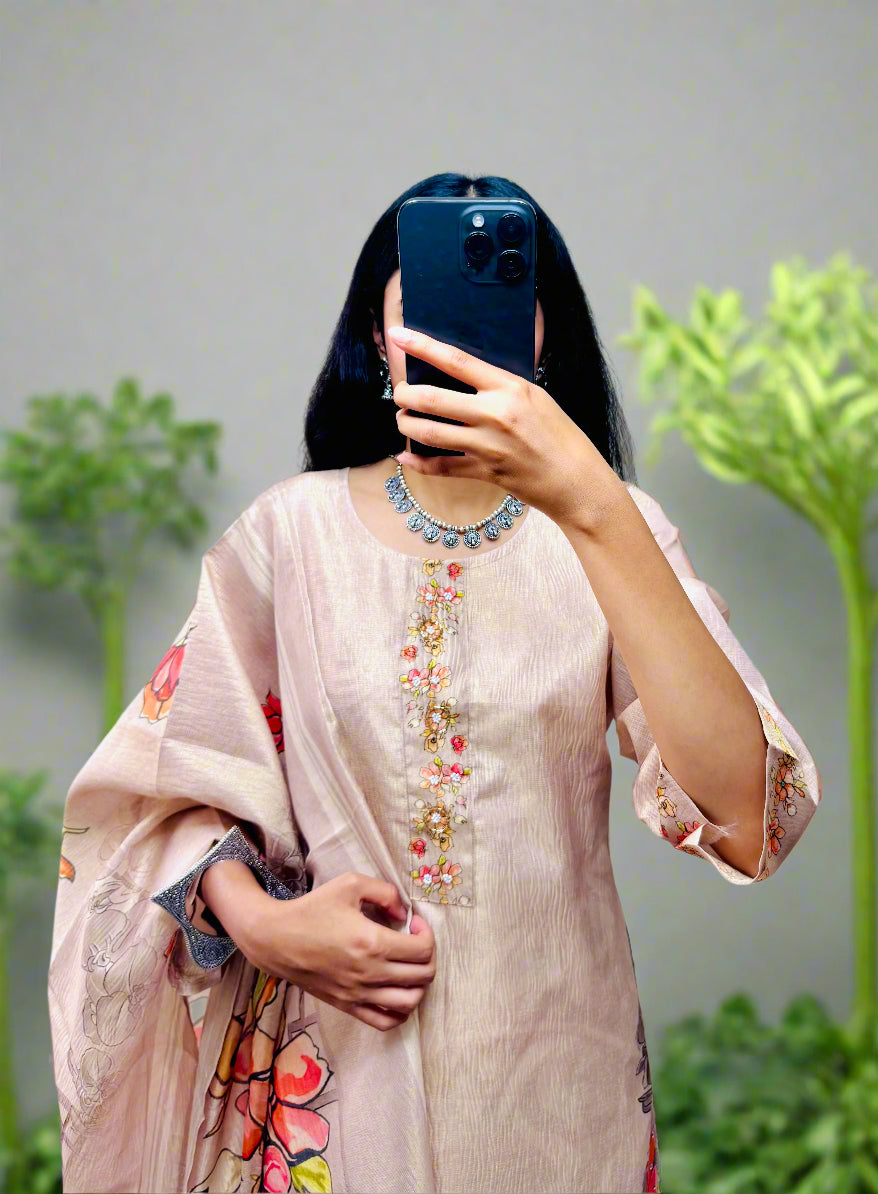 Sandal Kurti Set with Minimal Floral Neck & Printed Dupatta