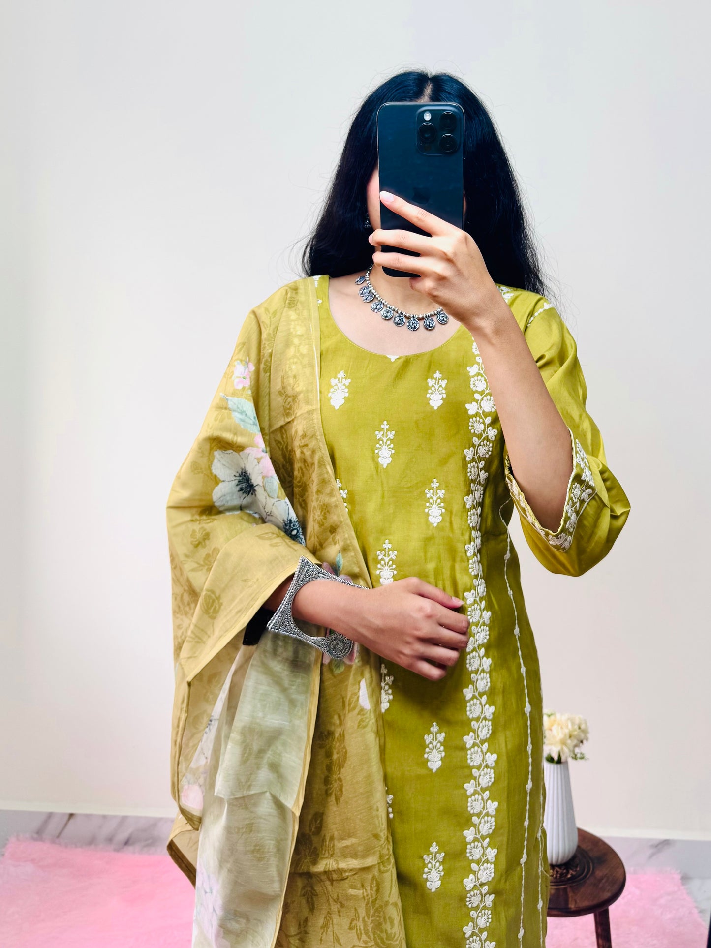 Green Thread Work Kurta with Pant & Dupatta