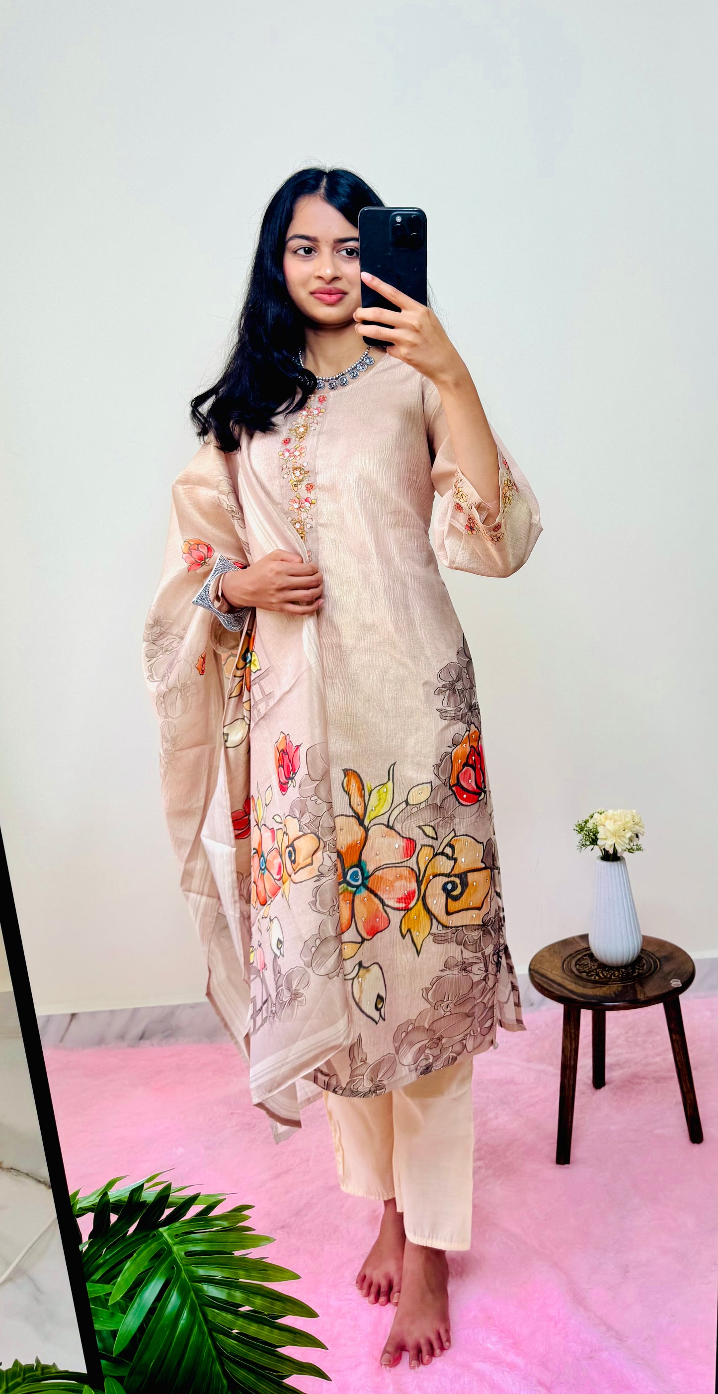 Sandal Kurta Set with Minimal Floral Neck & Printed Dupatta