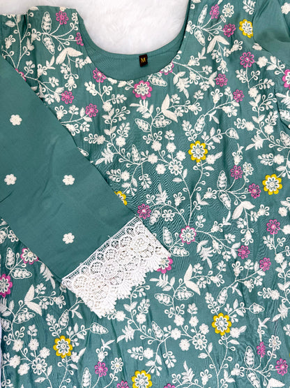 Forest Dew Cotton Kurta Set – Teal Green