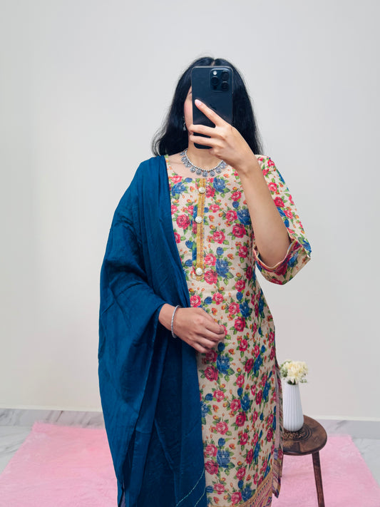 Floral Kurti with Blue Pant and Dupatta