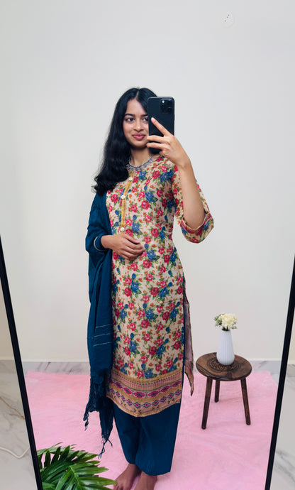 Floral Kurti with Blue Pant and Dupatta
