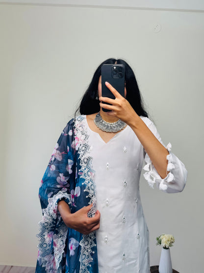 kurti set with minimal stone work and blue dupatta: