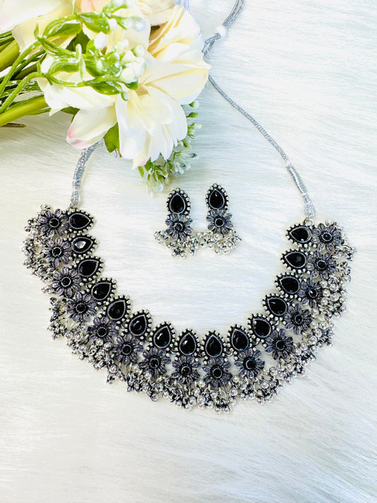 Oxidized Silver Choker Set with Earrings