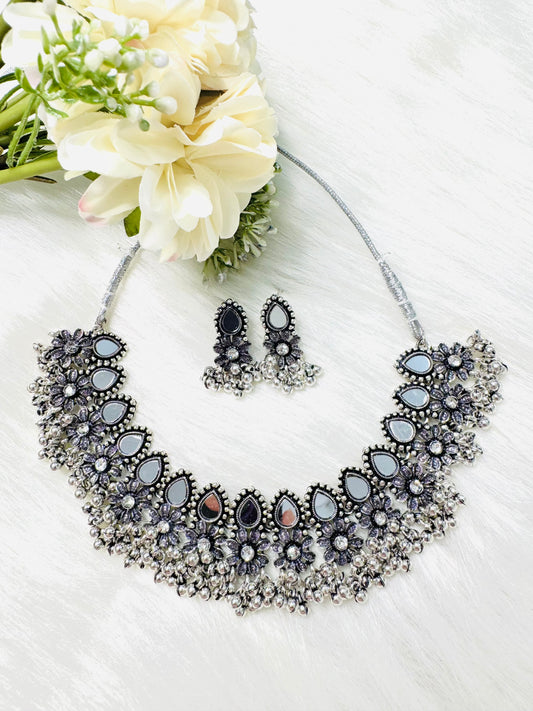 Oxidized Silver Jewelry Set with Glass Work & Earrings