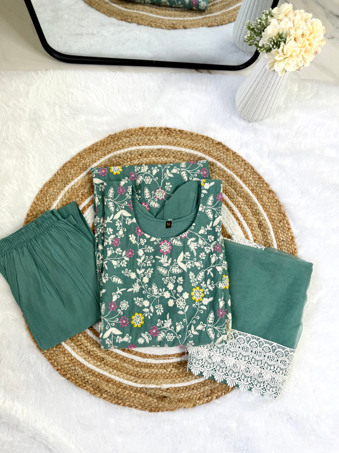 Forest Dew Cotton Kurta Set – Teal Green