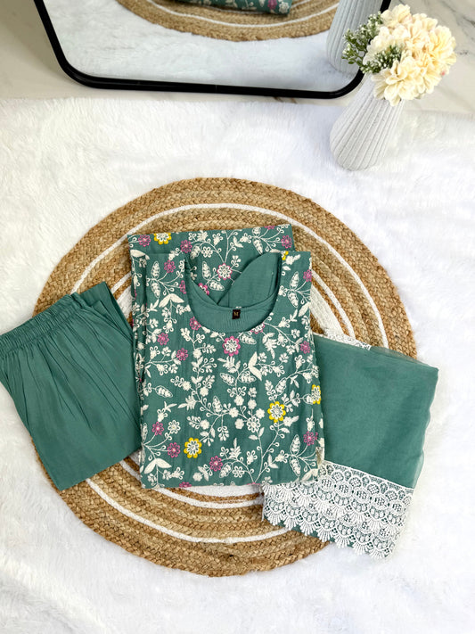 Forest Dew Cotton Kurta Set – Teal Green