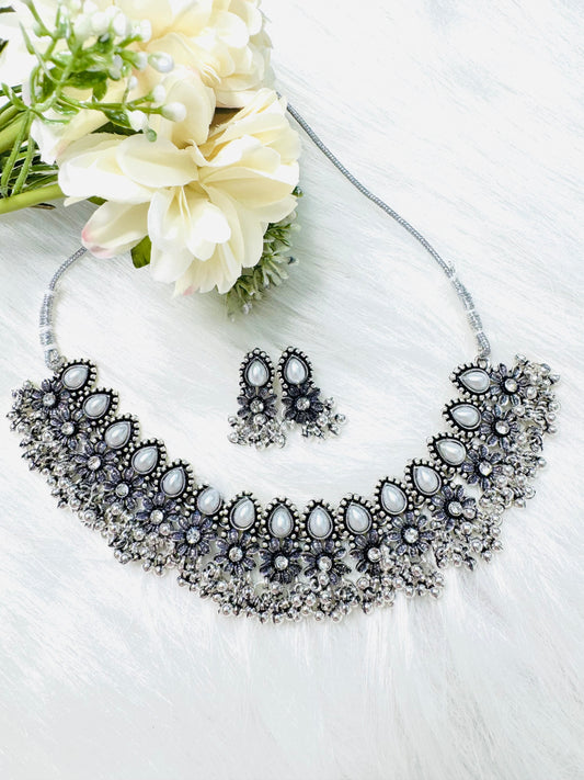 Oxidized Silver Choker Set with Glass Work & Earrings