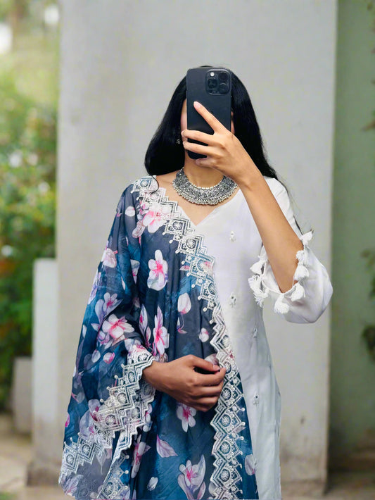 kurti set with minimal stone work and blue dupatta: